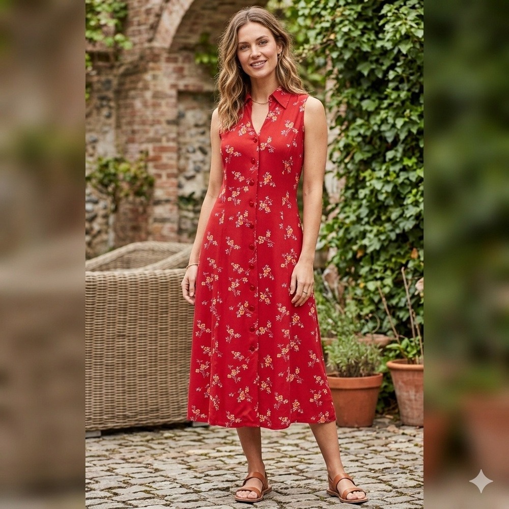 Christopher & Banks Vintage Red Floral Button Front Sleeveless Midi Dress Size 4